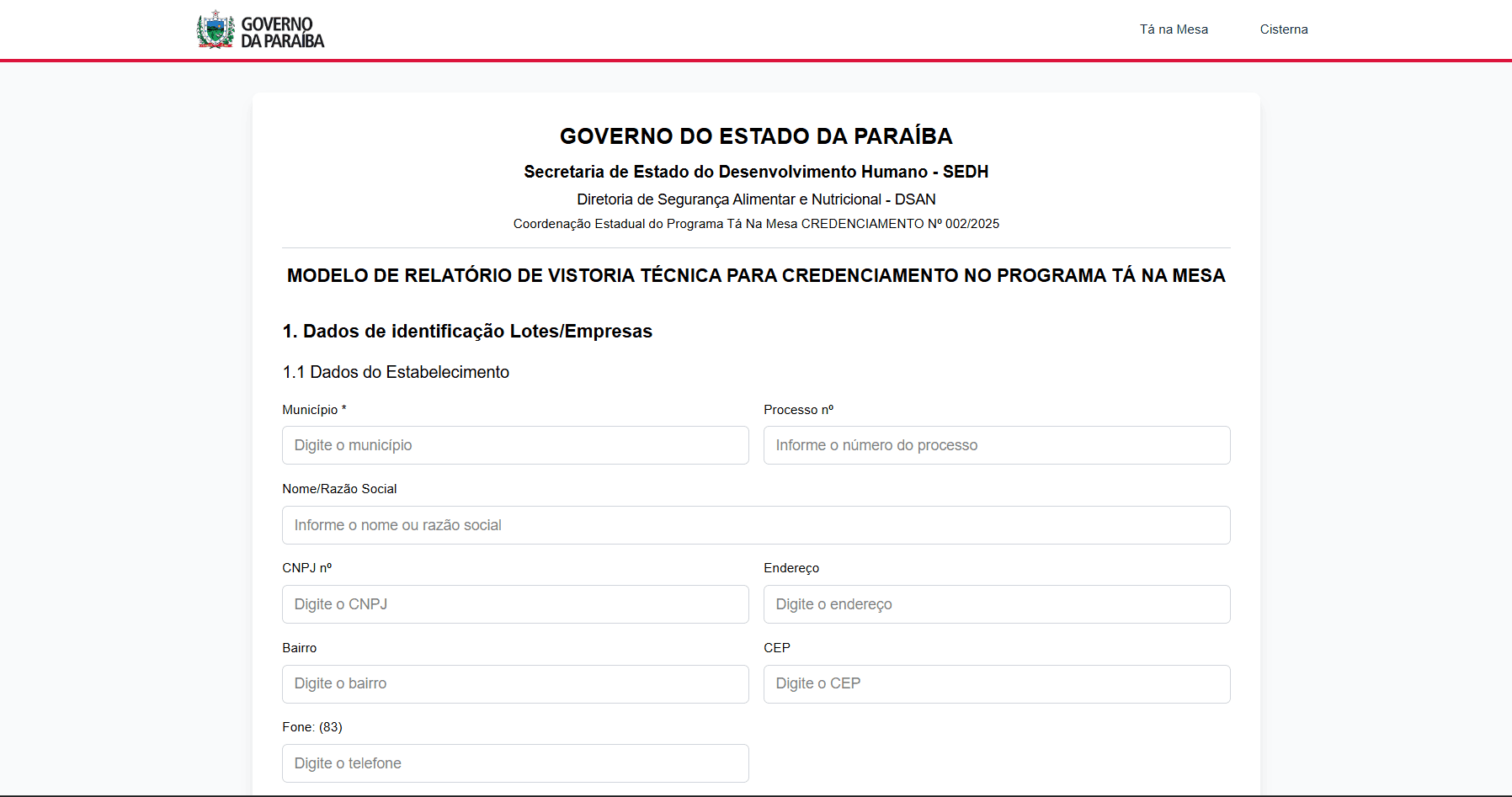 Formulário de Relatório do Tanamesa