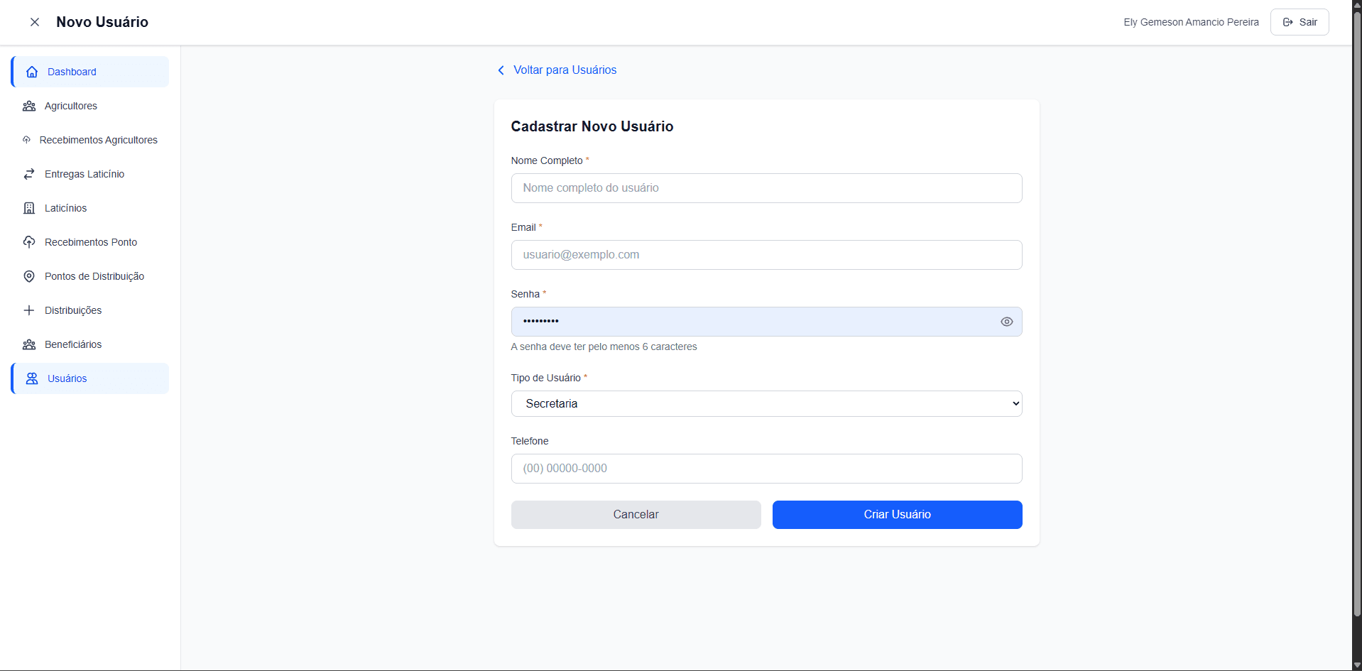 Criação de usuários por tipo no PAA
